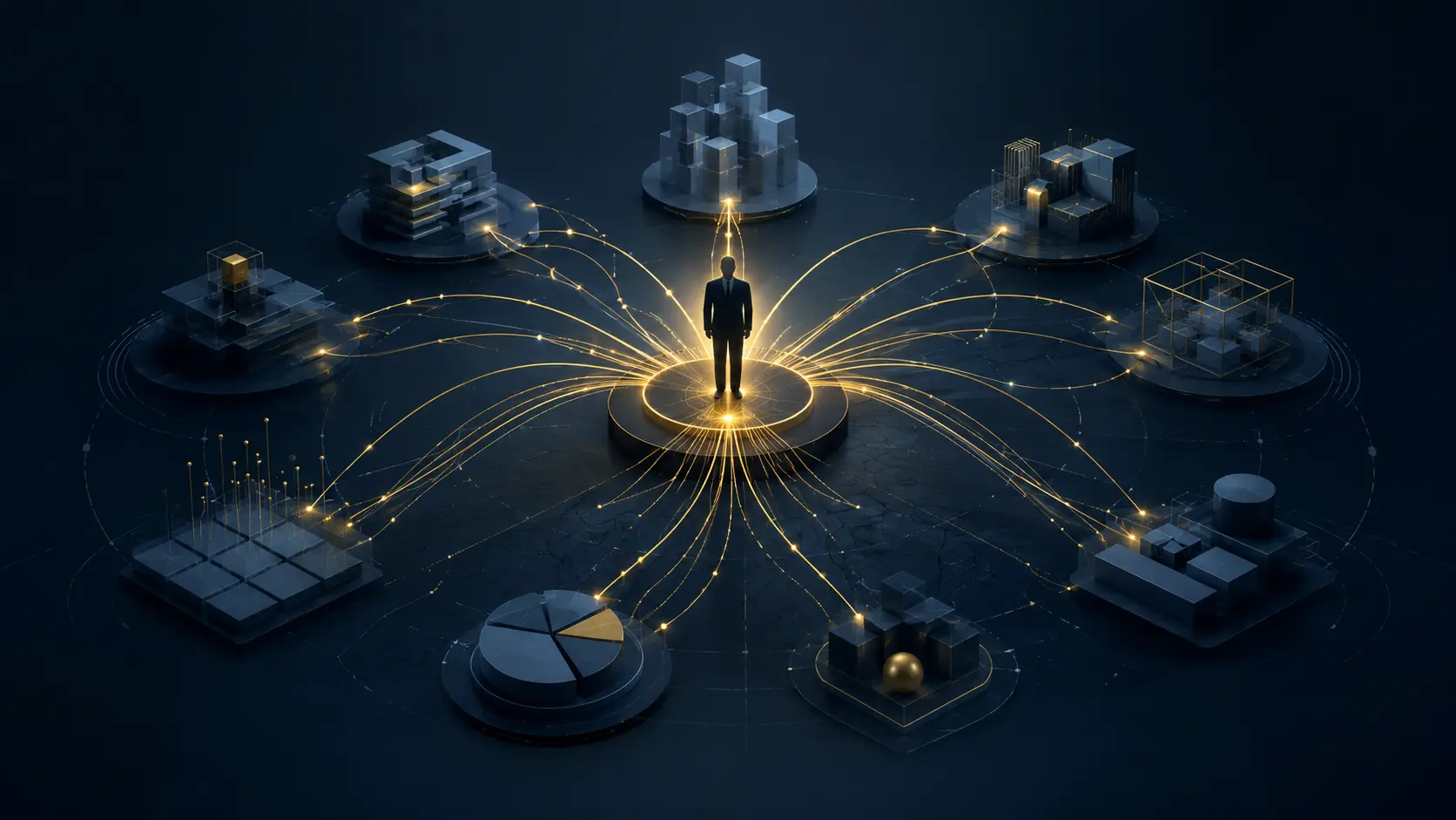 Composição visual abstrata sobre crescimento empresarial e dependência do dono